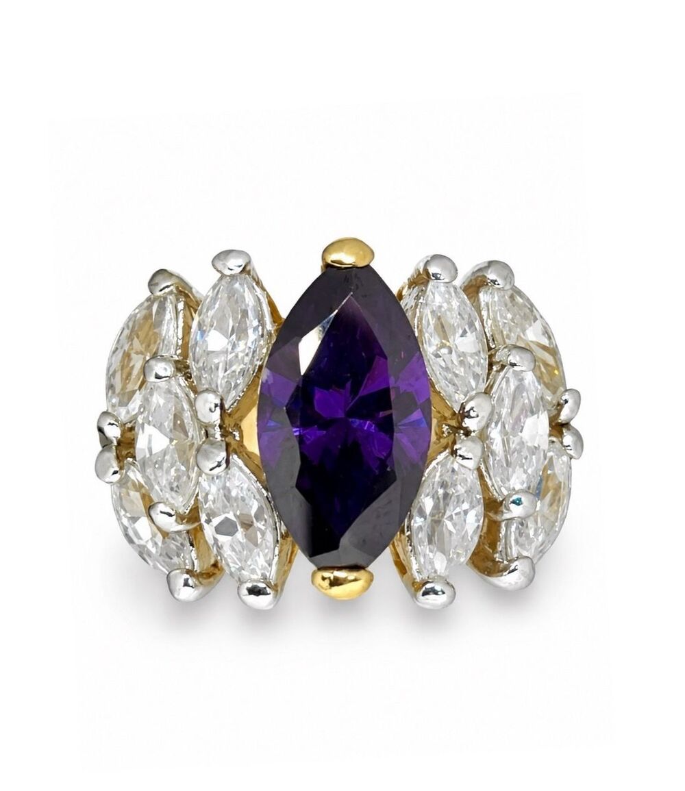 Vintage 1980s Ring Size 8 Purple CZ Marquise Cluster Gold Plated Cocktail - 14Z